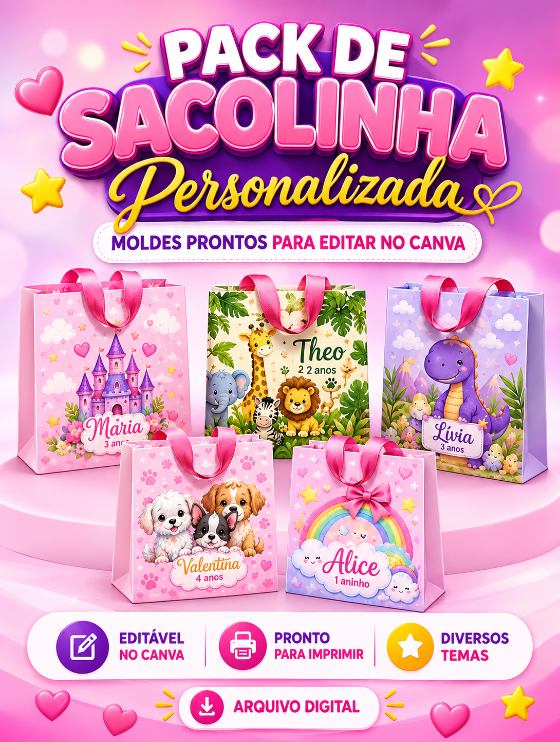 Pacote com 250 moldes de sacolinhas prontas para personalizar e todos os bônus
